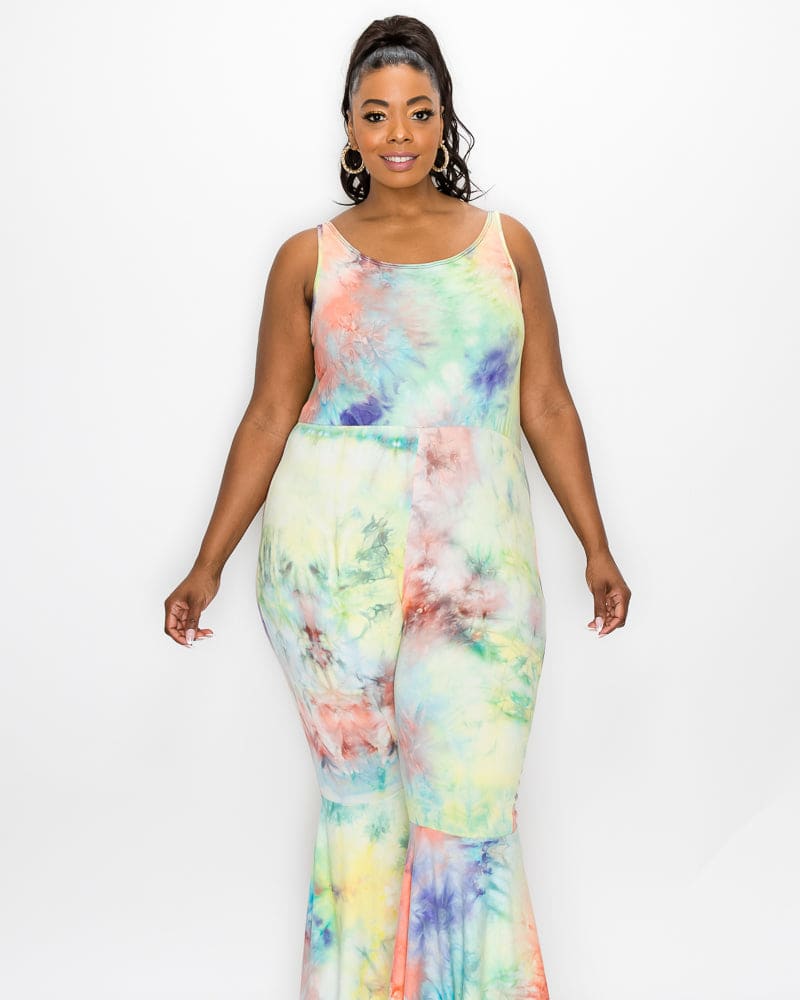 Front of a model wearing a size 1X Kathleen Tie Dye Jumpsuit in Purple and Yellow Tie Dye by L I V D. | dia_product_style_image_id:241820